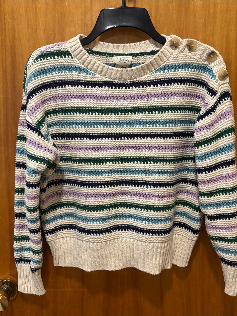 St. John's Bay Cream Sweater with Green, Blue & Purple Stripes